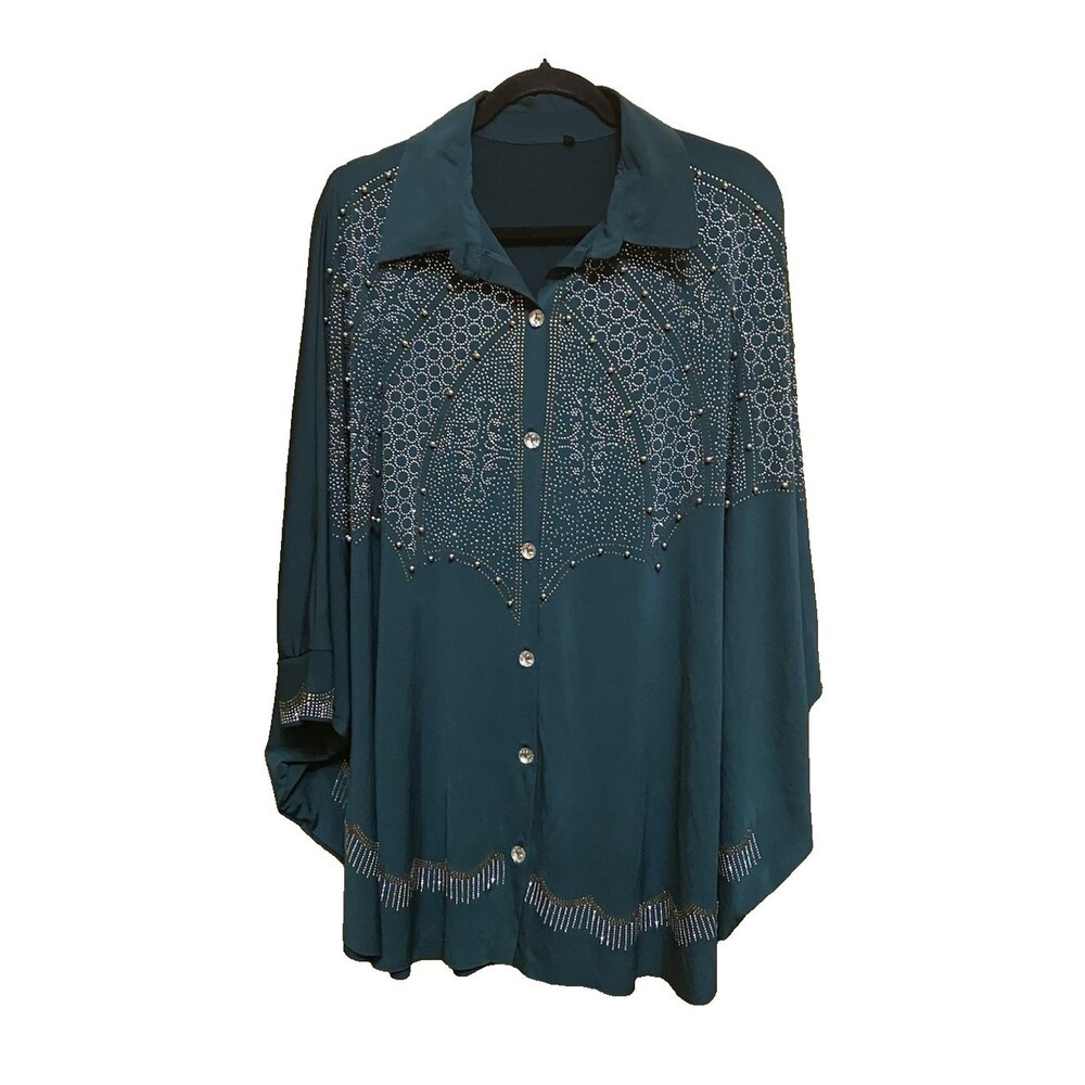 Womens Green Short Sleeve scattered gold / silver sequin Open front Blouse S/ 48